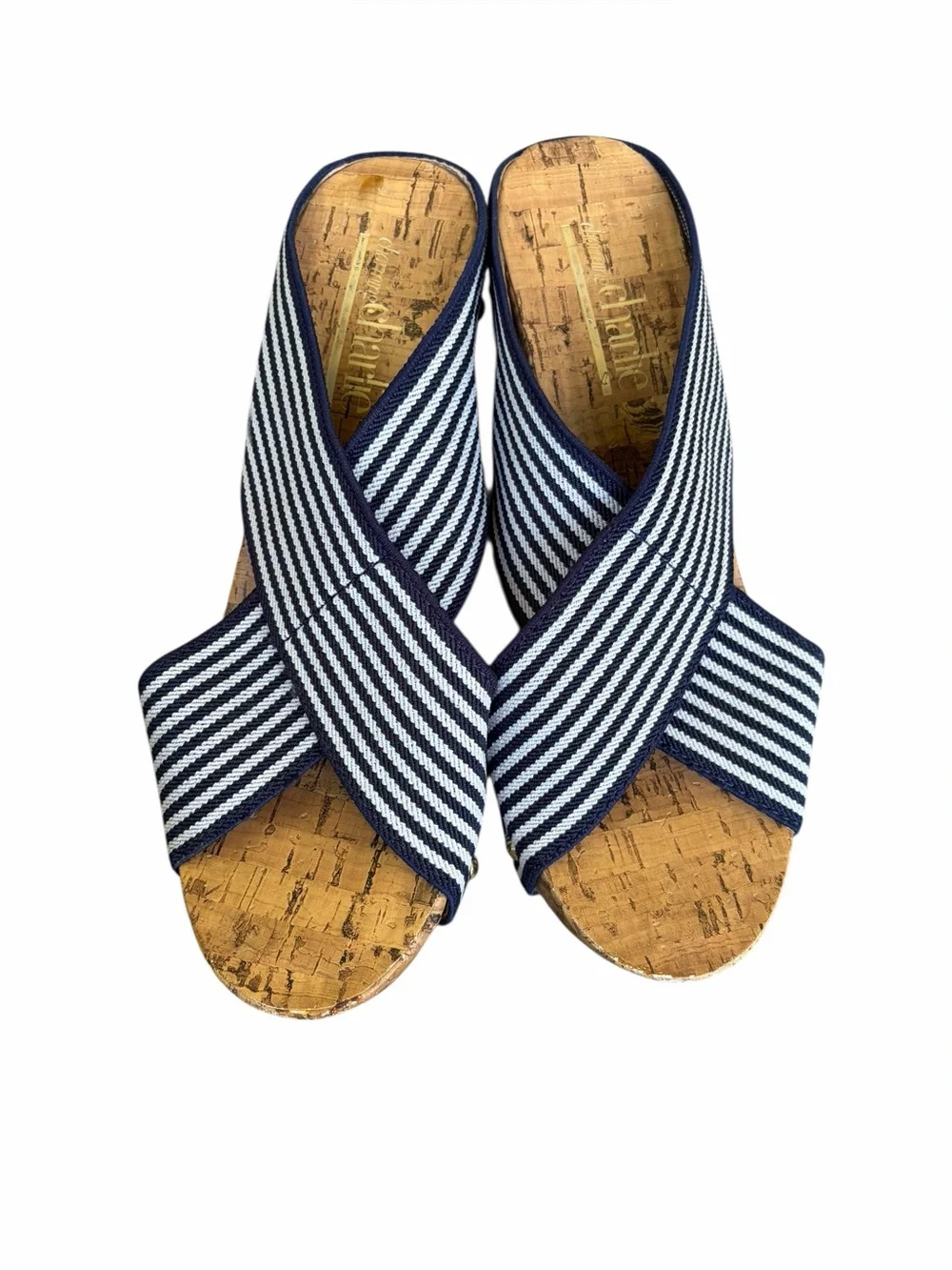 Charming Charlie Blue and White Fabric Cork Platform Wedge Sandals